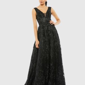 Black Floral Embroidered Illusion V-Neck Gown