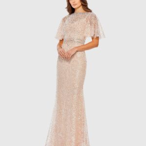 Pink Embellished Neck Butterfly Sleeve Trumpet Gown - FINAL SALE