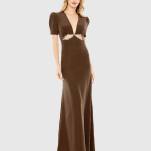 Brown Plunge Neck Puff Sleeve Cut Out Gown