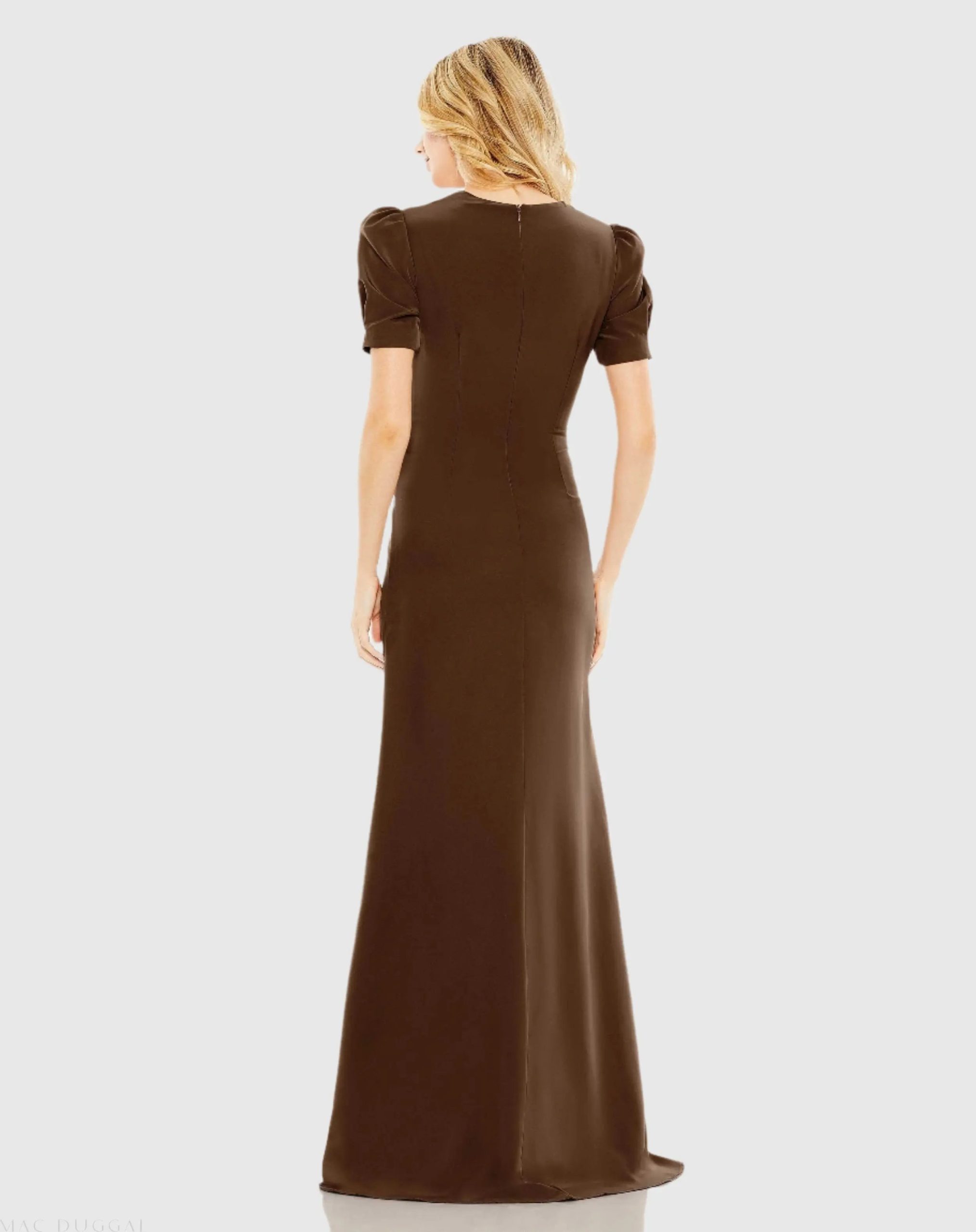 Brown Plunge Neck Puff Sleeve Cut Out Gown - Image 3