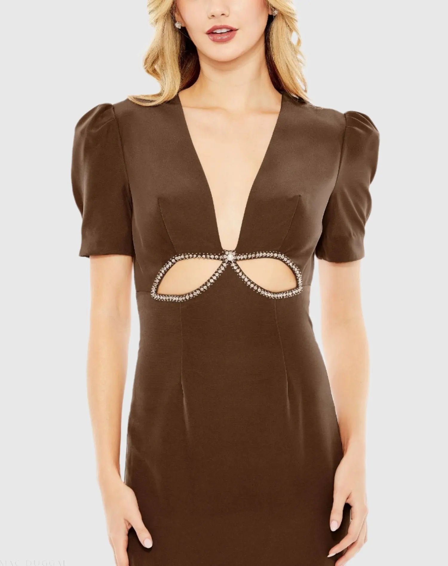 Brown Plunge Neck Puff Sleeve Cut Out Gown - Image 2
