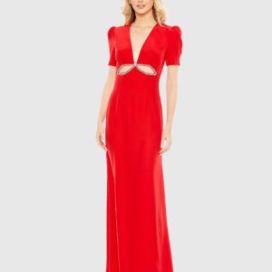 Plunge Neck Puff Sleeve Cut Out Gown