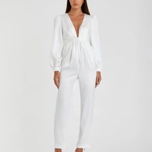 White Front Twist Puff Sleeve Deep V Jumpsuit