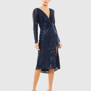 Navy Long Sleeve Midi Sequin Dress