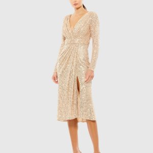 Pink Sequined Long Sleeve Midi Dress