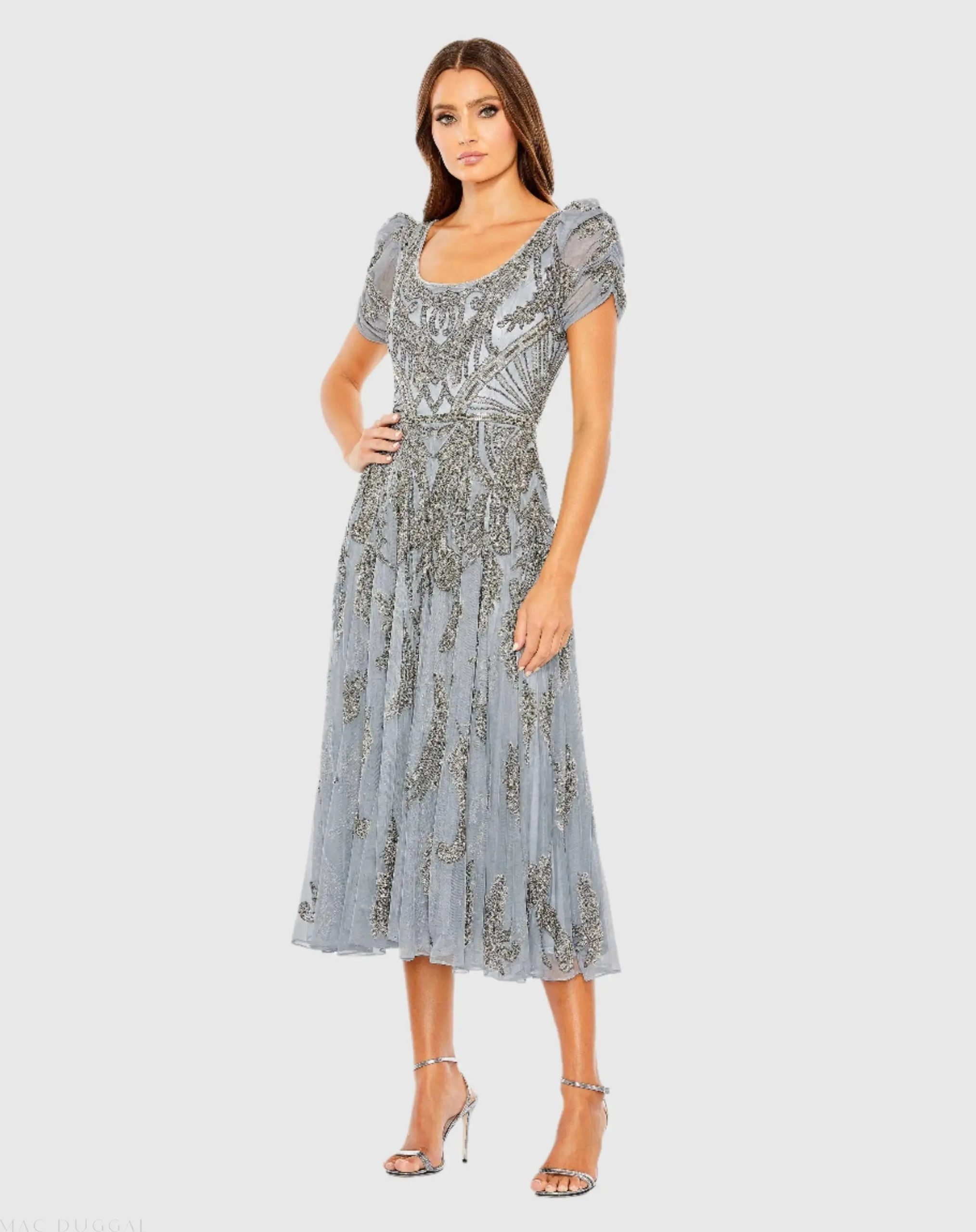 Short Sleeve Beaded A-line Tea Length Dress - Image 2