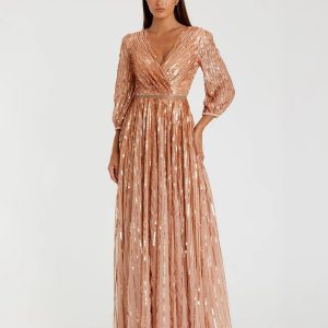 Pink Sequined Wrap Over 3/4 Sleeve Gown