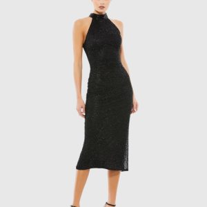 Black High Neck Halter Sleeveless Midi Dress