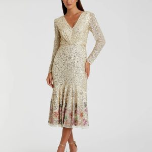 Gold Multicolor Faux Wrap Long Sleeve Tea Length Dress - FINAL SALE