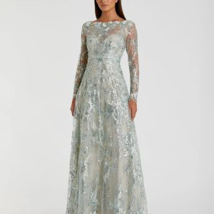 Green Floral Embroidered Illusion Long Sleeve Gown