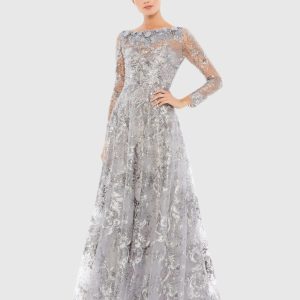 Gray Embroidered Illusion Neckline A-Line Evening Gown
