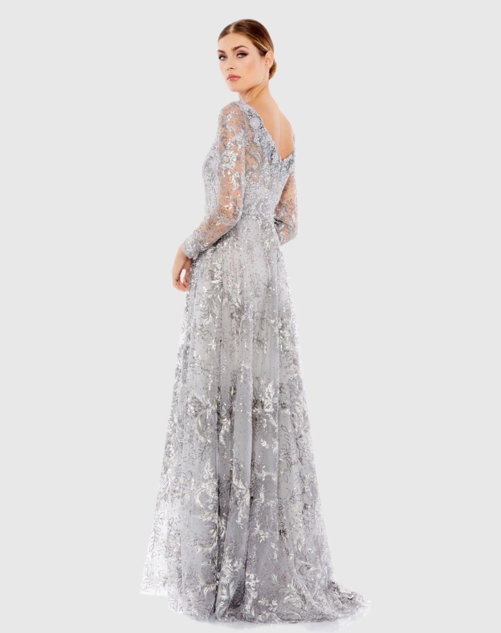 Gray Embroidered Illusion Neckline A-Line Evening Gown - Image 3