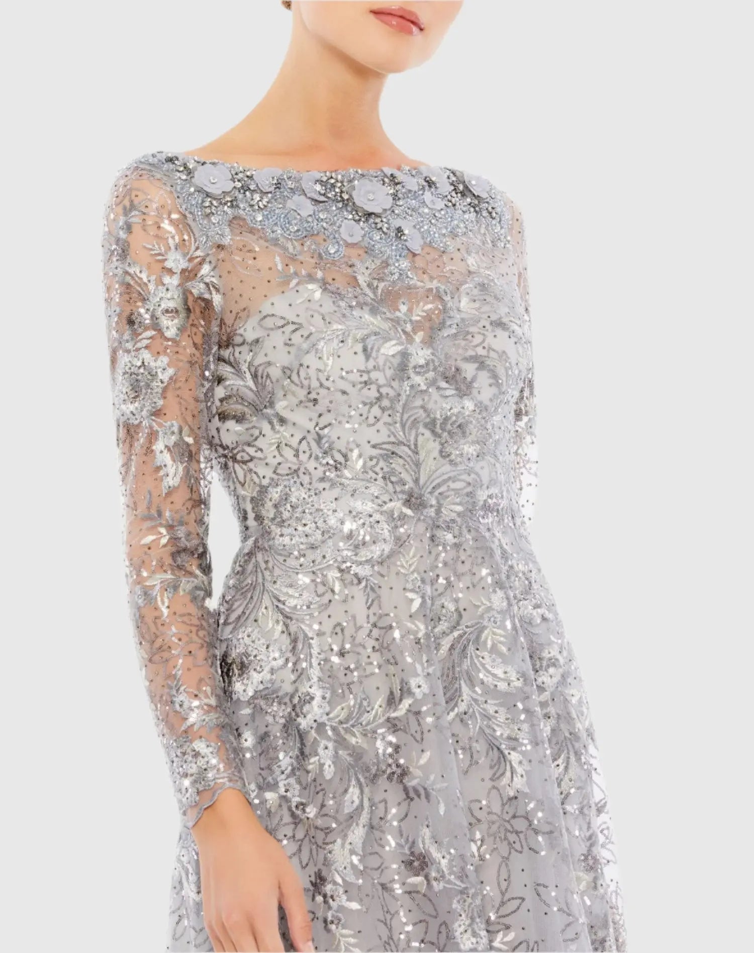 Gray Embroidered Illusion Neckline A-Line Evening Gown - Image 2