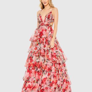 Red Pleated Chiffon Cut Out Ball Gown