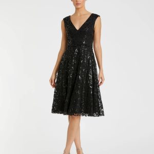 Black V Neck Cap Sleeve Sequin Dress