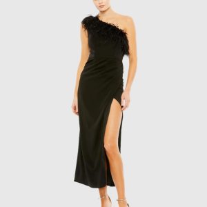 Feather Trim One Shoulder Draped Dress