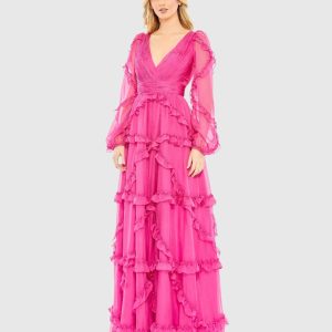 Pink Ruffle A-line Gown with Sheer Long Sleeves
