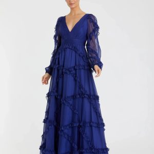 Cascade Ruffle Puff Sleeve A Line Gown
