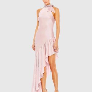 Pink Halter Neck Ruffled Asymmetrical Dress