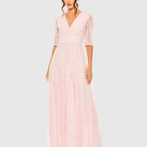 Pink V Neck Puff Sleeve Ruffle Tiered A Line Gown