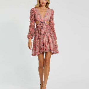 Pink Long Sleeve V Neck Cut Out Mesh Mini Dress