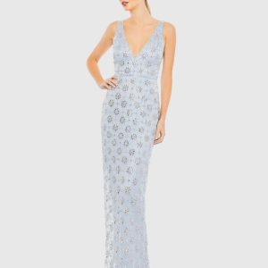 Blue Embellished Sleeveless V Neck Gown