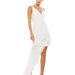 Asymmetrical Ruffled V-Neck Chiffon Dress