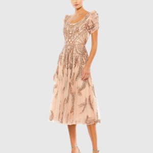 Short Sleeve Beaded A-line Tea Length Dress