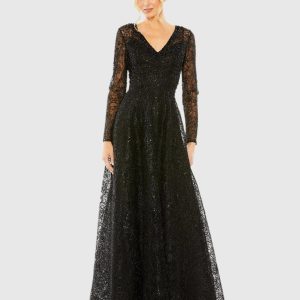 Crystal Embellished Long Sleeve V-Neck Gown