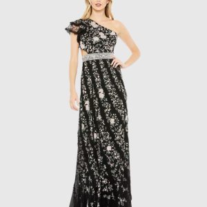 Multicolor Embroidered Ruffled One Shoulder Lace Up Gown