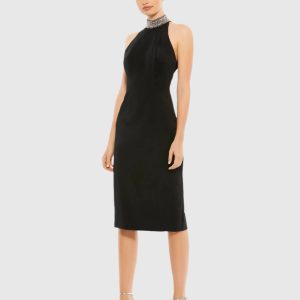 Open Back Jeweled Halter Midi Dress