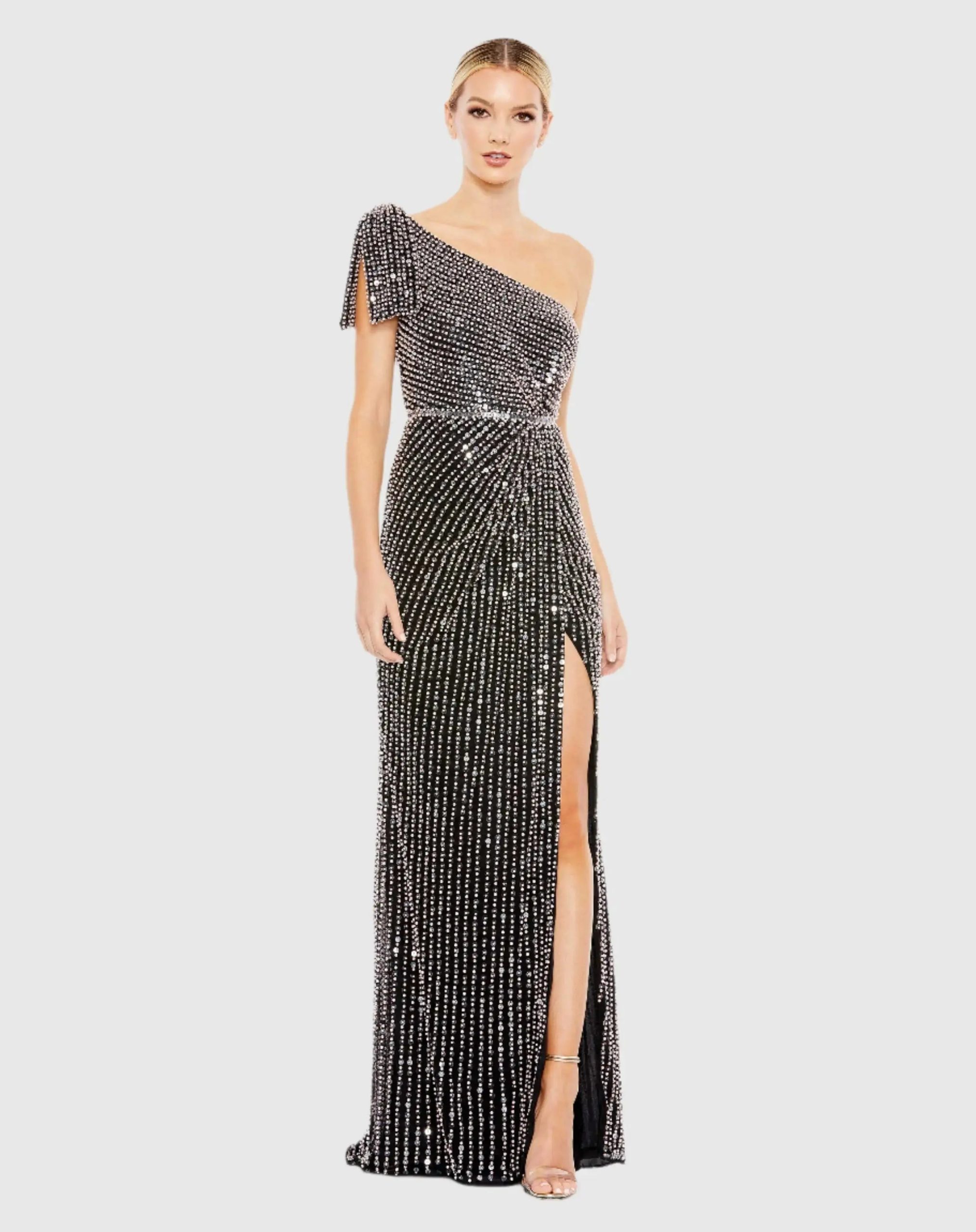 Pearl Embellished Soft Tie One Shoulder Gown - Image 4