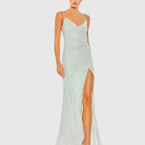 Beaded Sleeveless Faux Wrap Gown