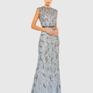 Embellished Illusion Cap Sleeve Column Gown