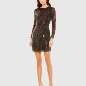Brown Long Sleeve Sequin Mini Dress