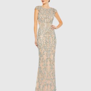 Beige Damask Sequin Embellished Open Back Lace Up Cap Sleeve Gown
