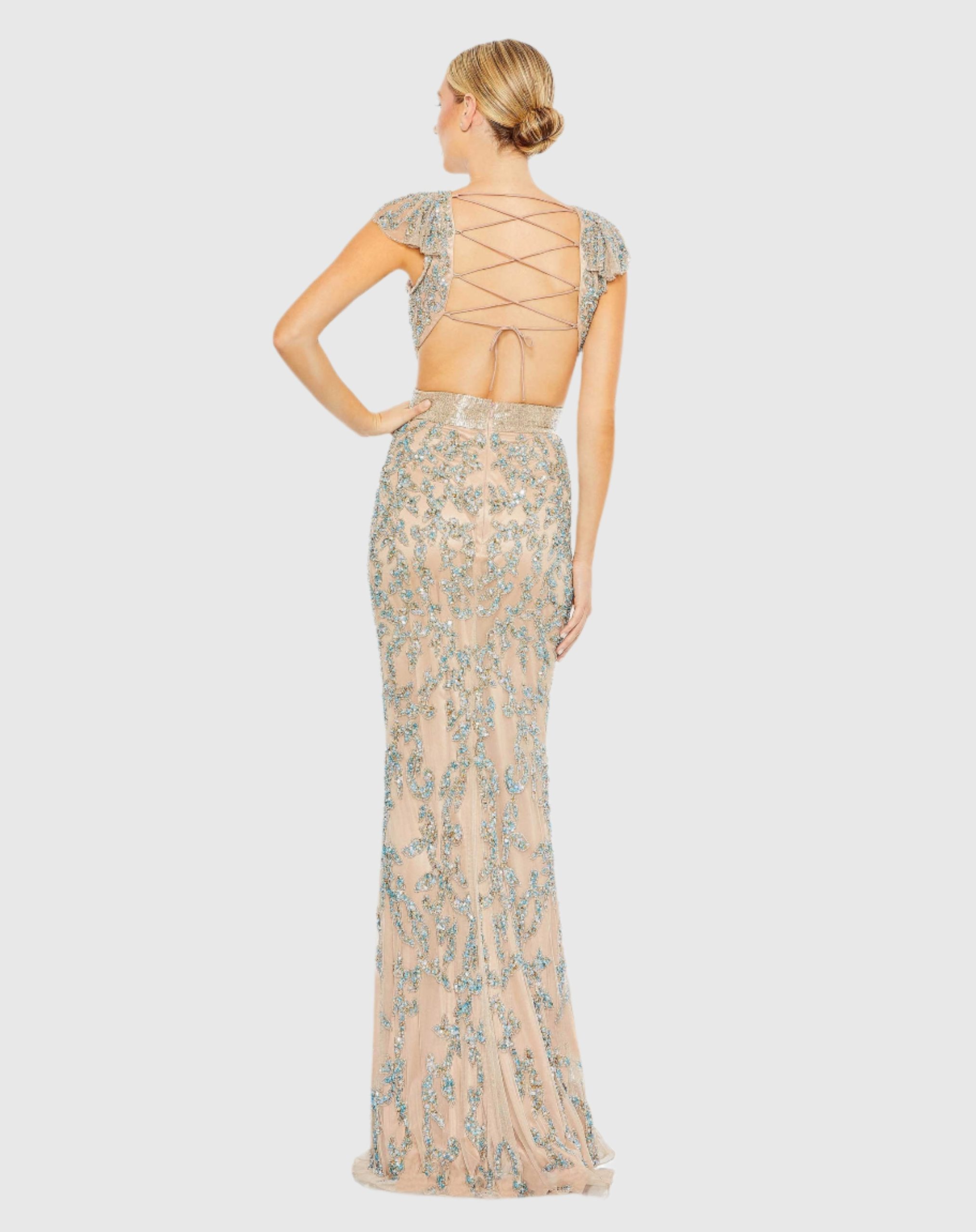 Beige Damask Sequin Embellished Open Back Lace Up Cap Sleeve Gown - Image 3