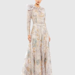 Beige Embellished Long Sleeve High Neck Rose Applique Gown
