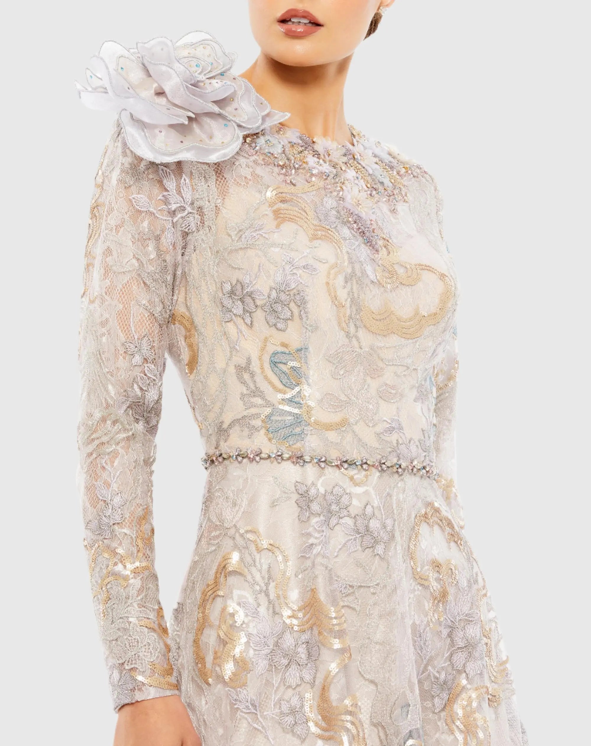 Beige Embellished Long Sleeve High Neck Rose Applique Gown - Image 2