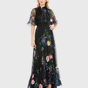 Black Floral Print Ruffled High Neck Flutter Sleeve Gown