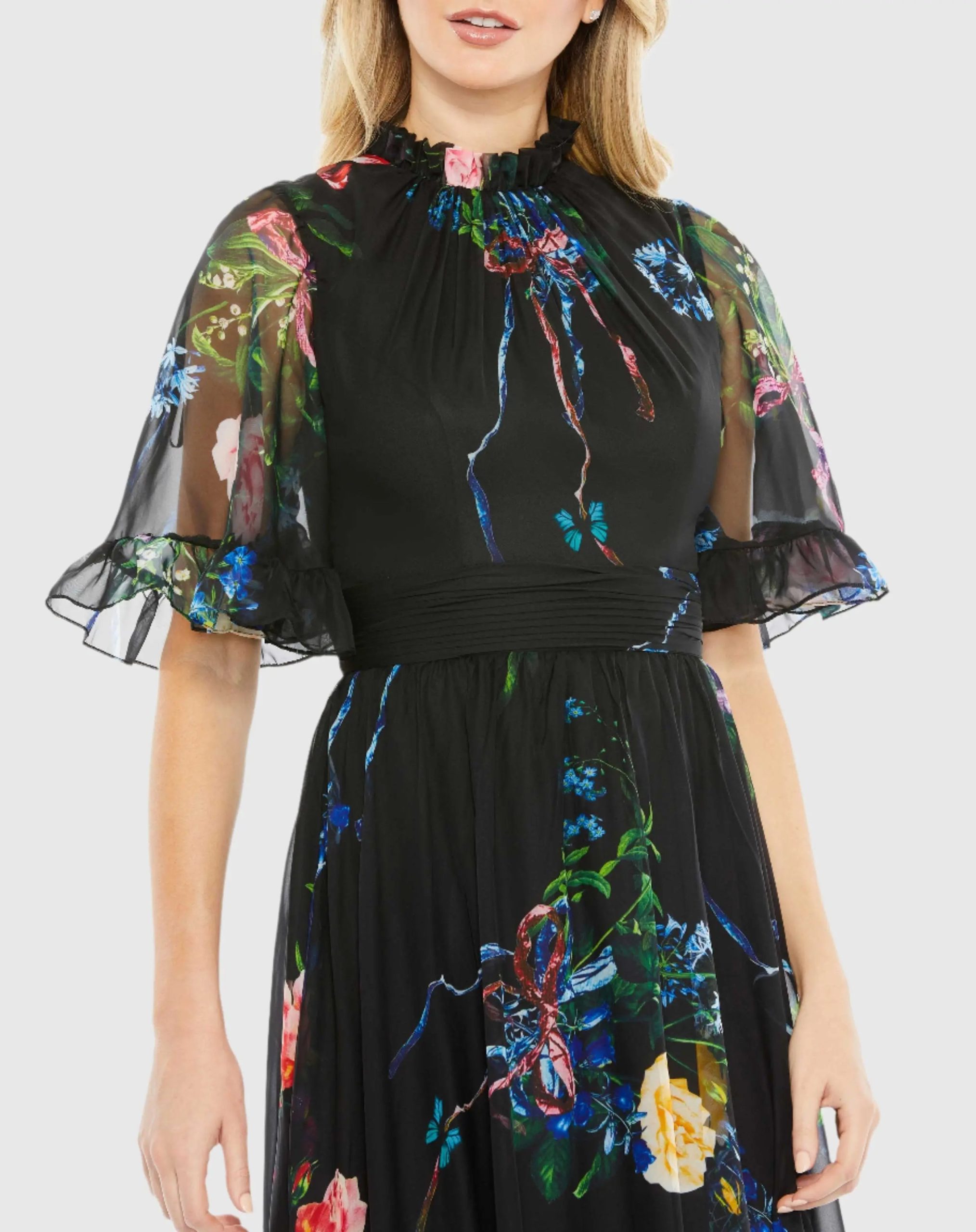Black Floral Print Ruffled High Neck Flutter Sleeve Gown - Image 2