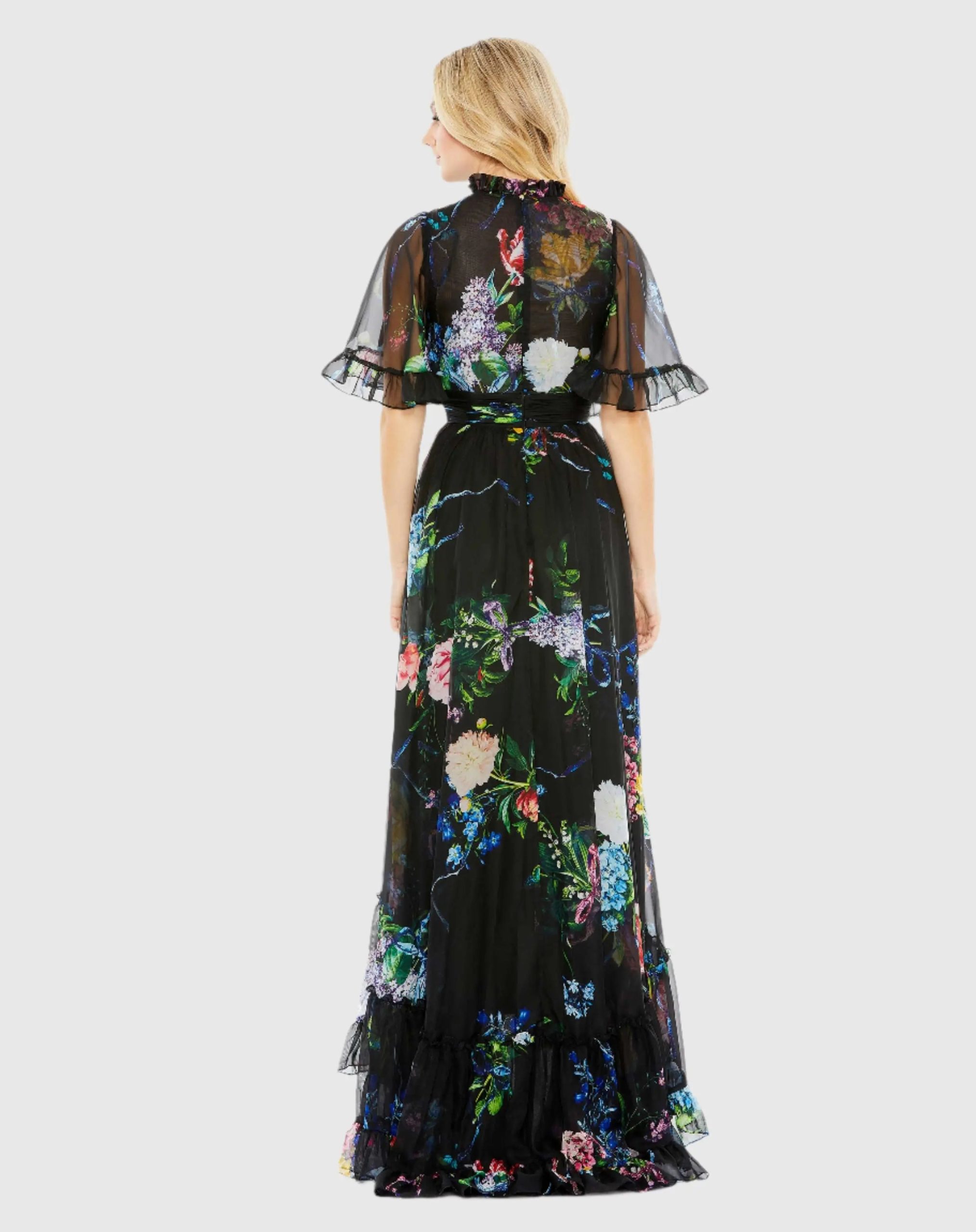 Black Floral Print Ruffled High Neck Flutter Sleeve Gown - Image 3