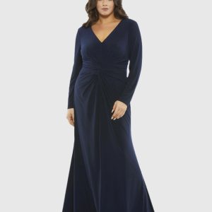 Navy Front Twist Long Sleeve V-Neck Gown (Plus)