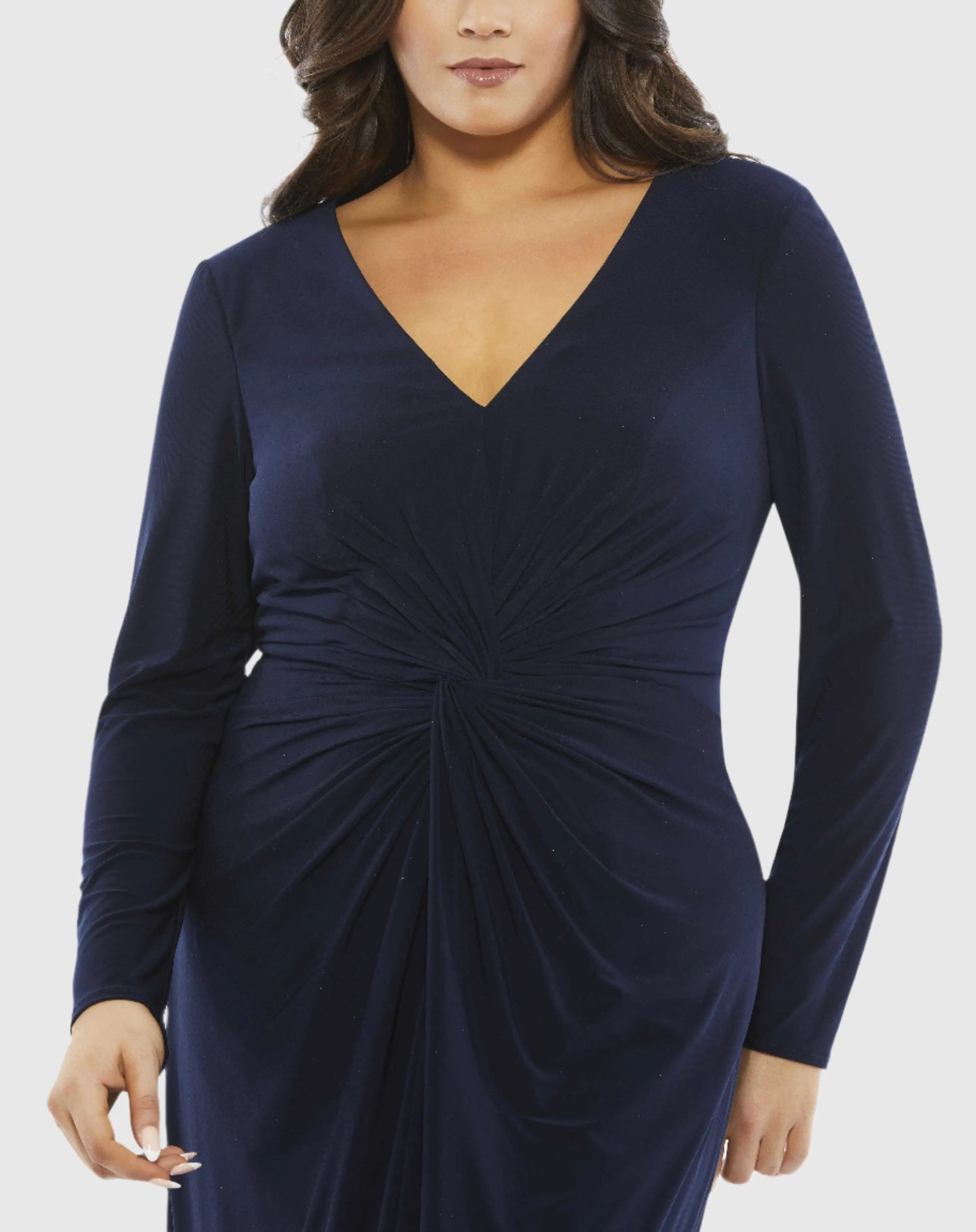 Navy Front Twist Long Sleeve V-Neck Gown (Plus) - Image 2