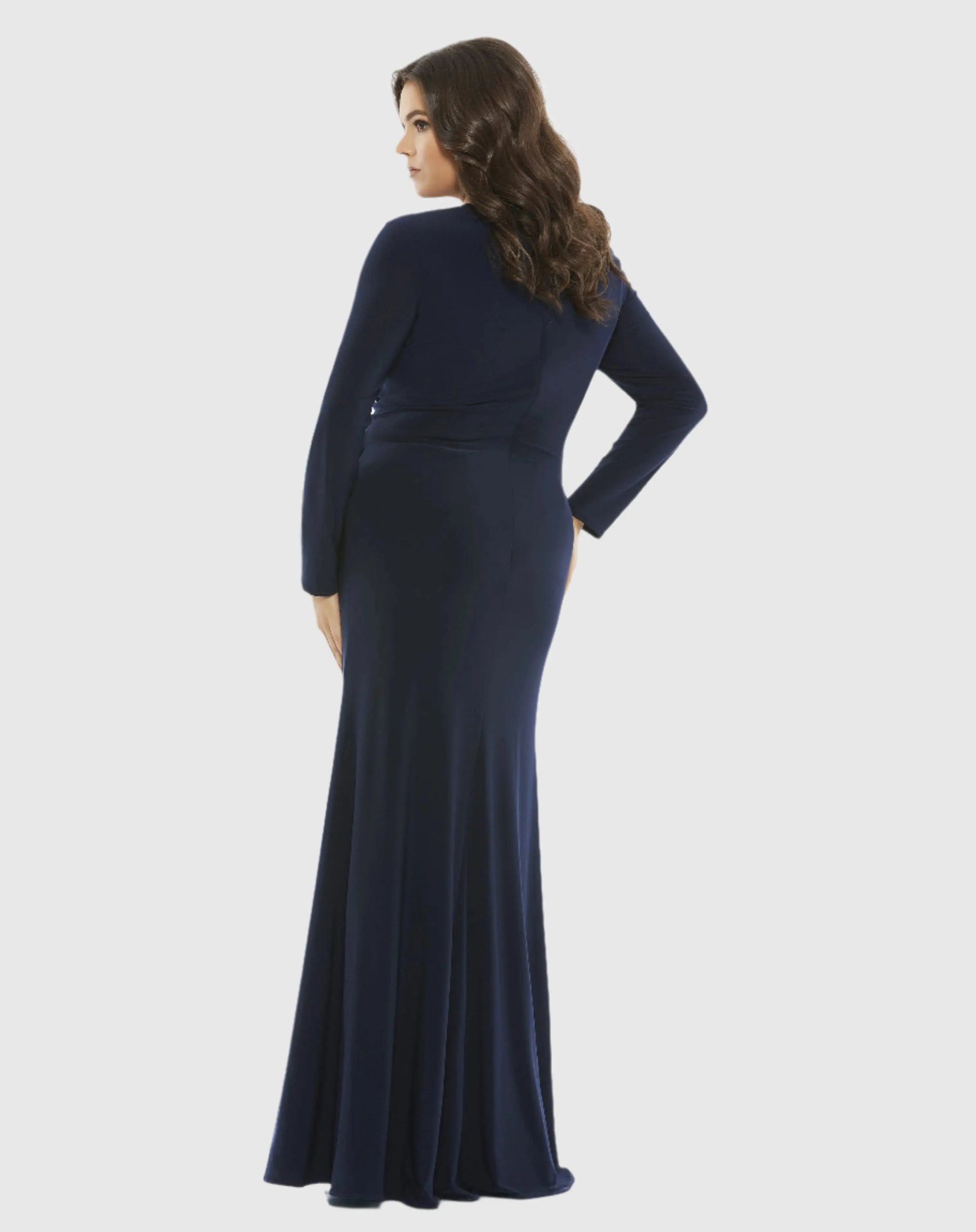 Navy Front Twist Long Sleeve V-Neck Gown (Plus) - Image 3