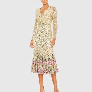 Long Sleeve Faux Wrap Embellished Tea Length Dress