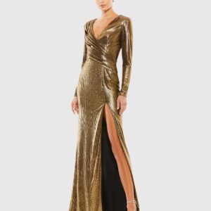 Gold Metallic Long Sleeve Asymmetrical Ruched Gown