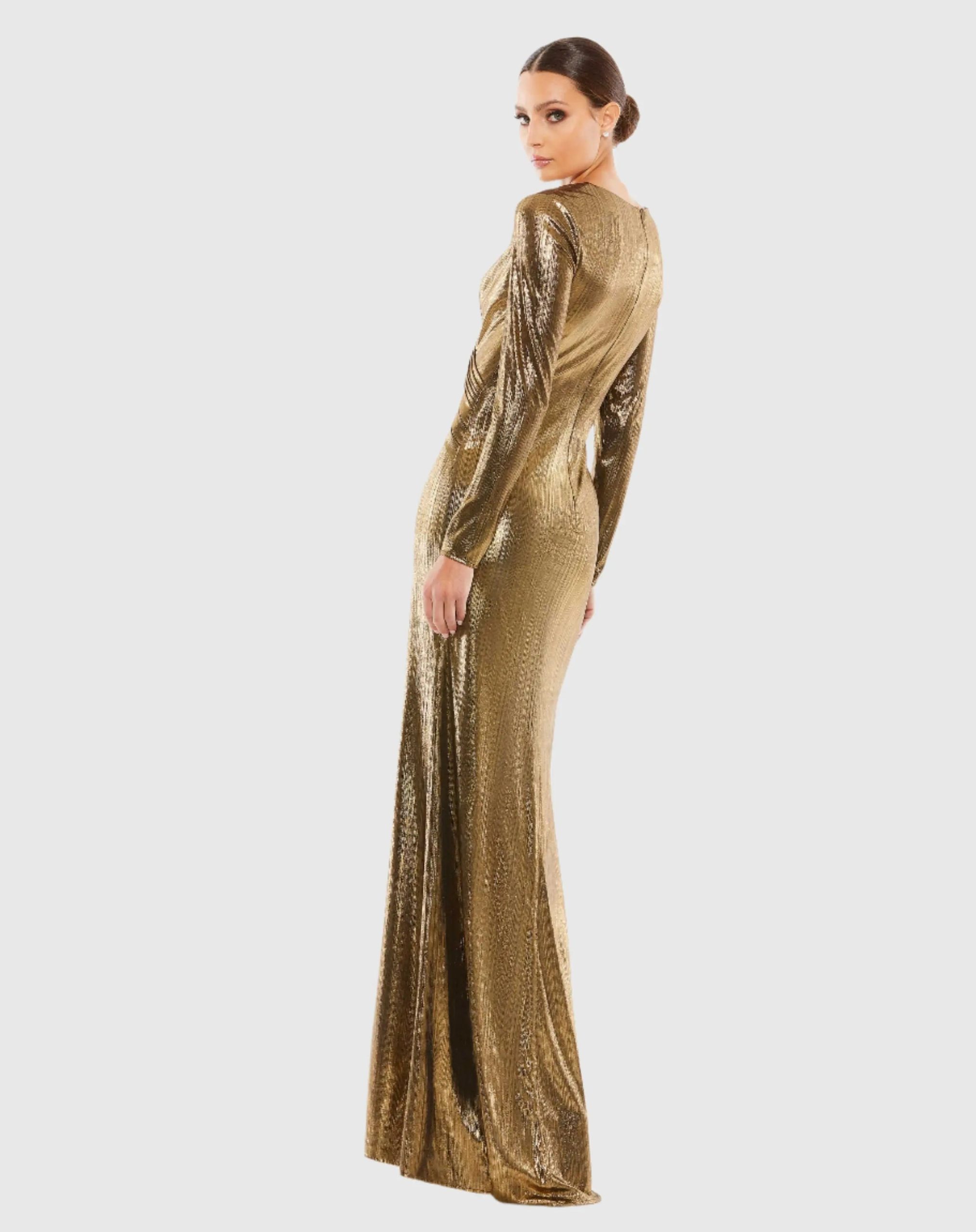 Gold Metallic Long Sleeve Asymmetrical Ruched Gown - Image 4