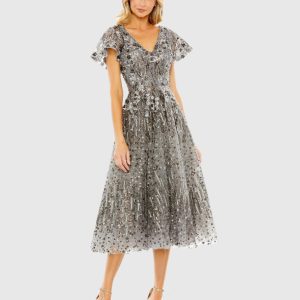 Embellished Butterfly Fit and Flare Tea-Length Dress