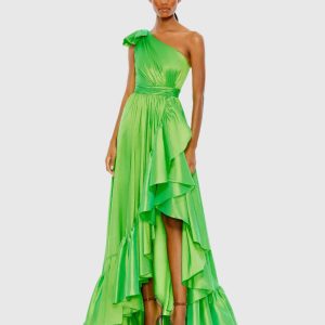 Bow One Shoulder Ruffle Asymmetrical Hem Gown